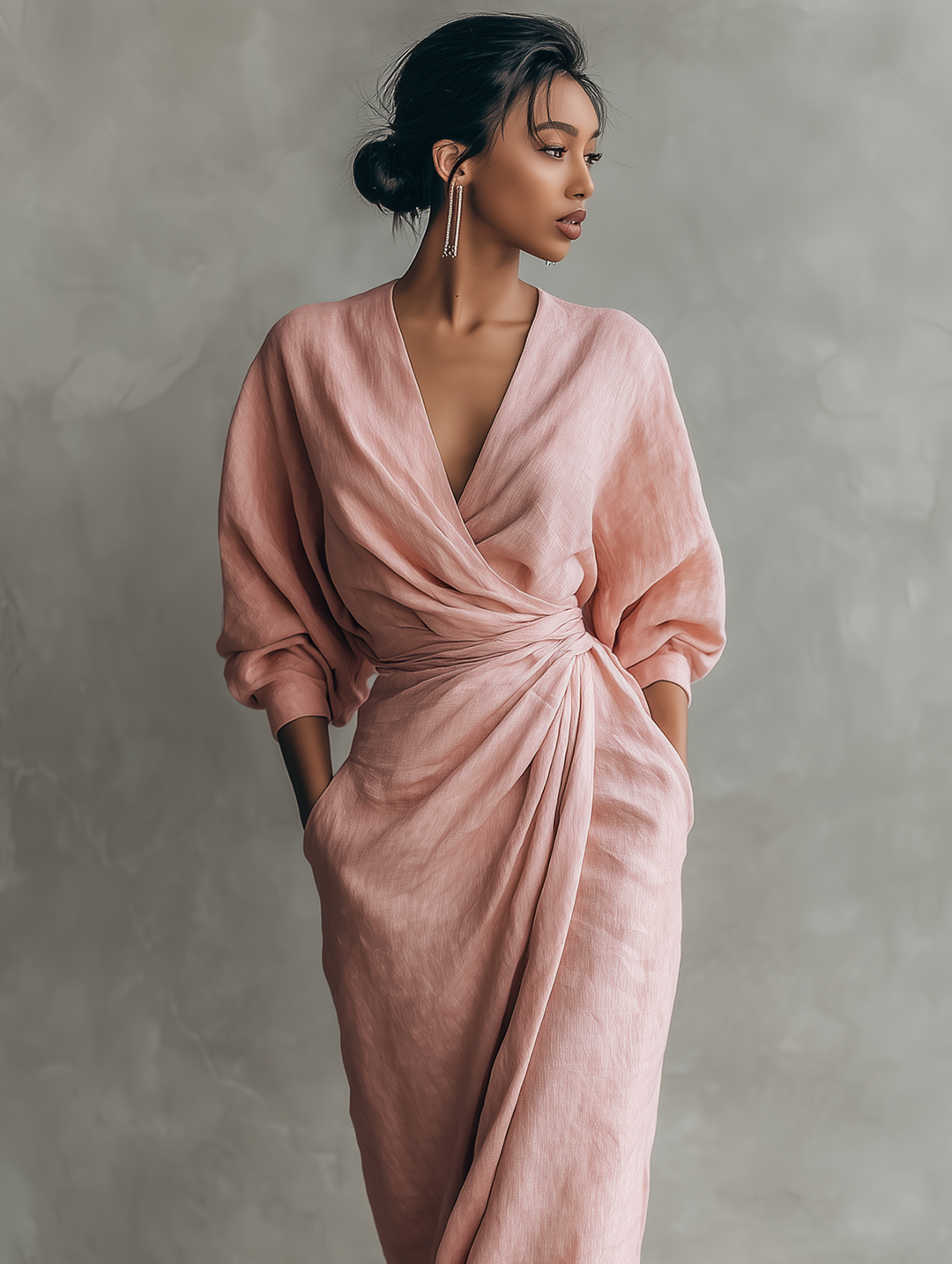 Minimalist V-neck Linen Blend Maxi Dress