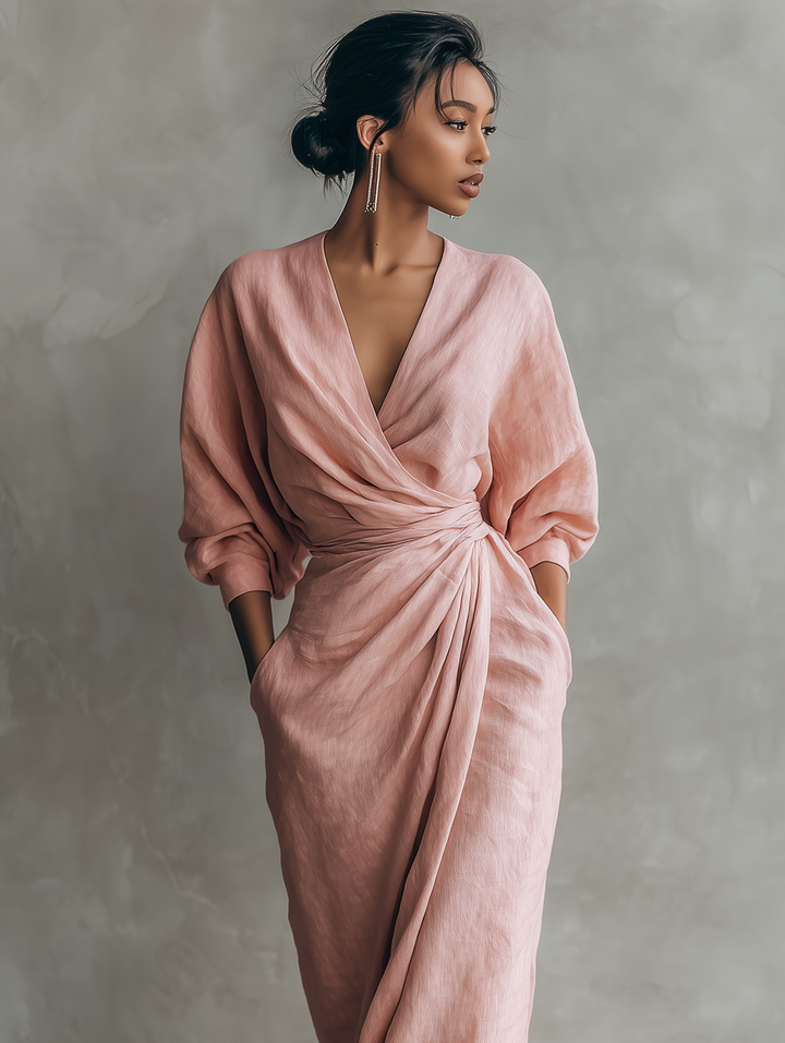Minimalist V-neck Linen Blend Maxi Dress