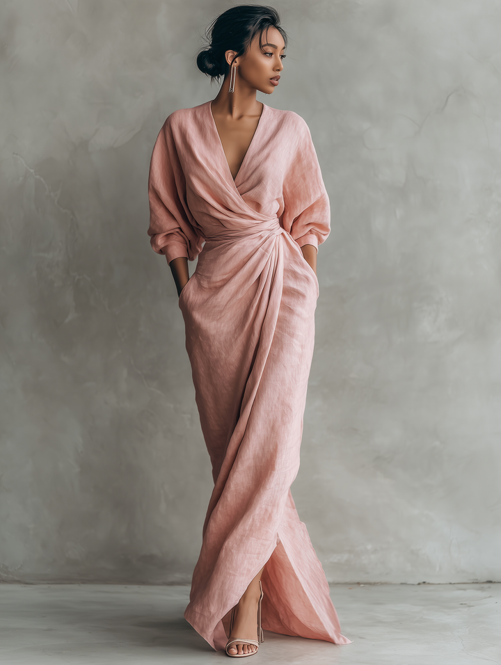 Minimalist V-neck Linen Blend Maxi Dress