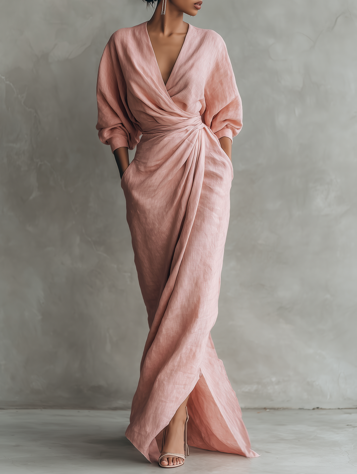 Minimalist V-neck Linen Blend Maxi Dress