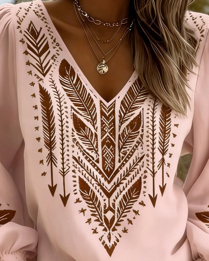 Isabelle - Bohemian Printed Blouse with V-Neck and Puff Sleeves