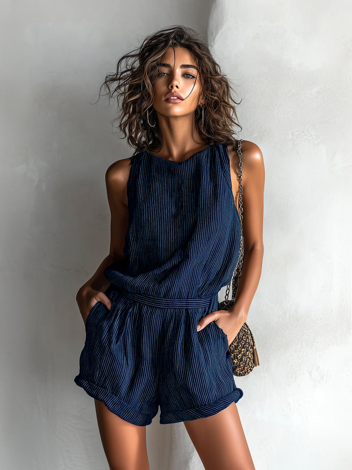 Lumina Striped Linen Blend Boat-Neck Romper