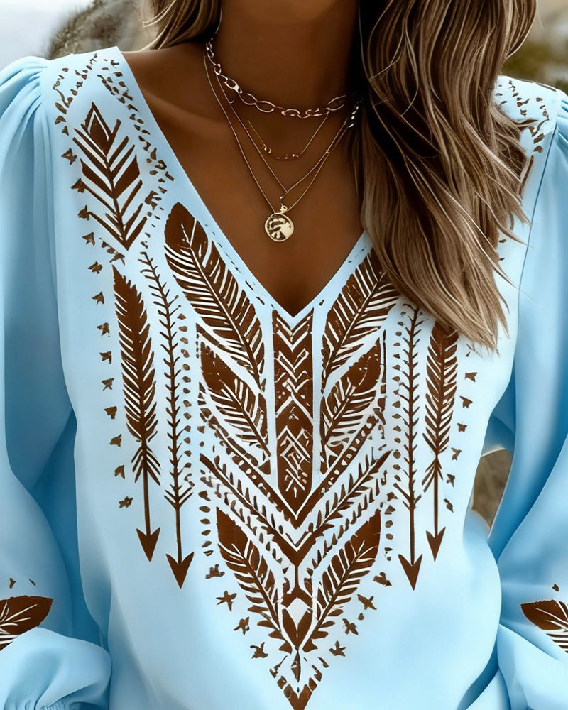 Isabelle - Bohemian Printed Blouse with V-Neck and Puff Sleeves