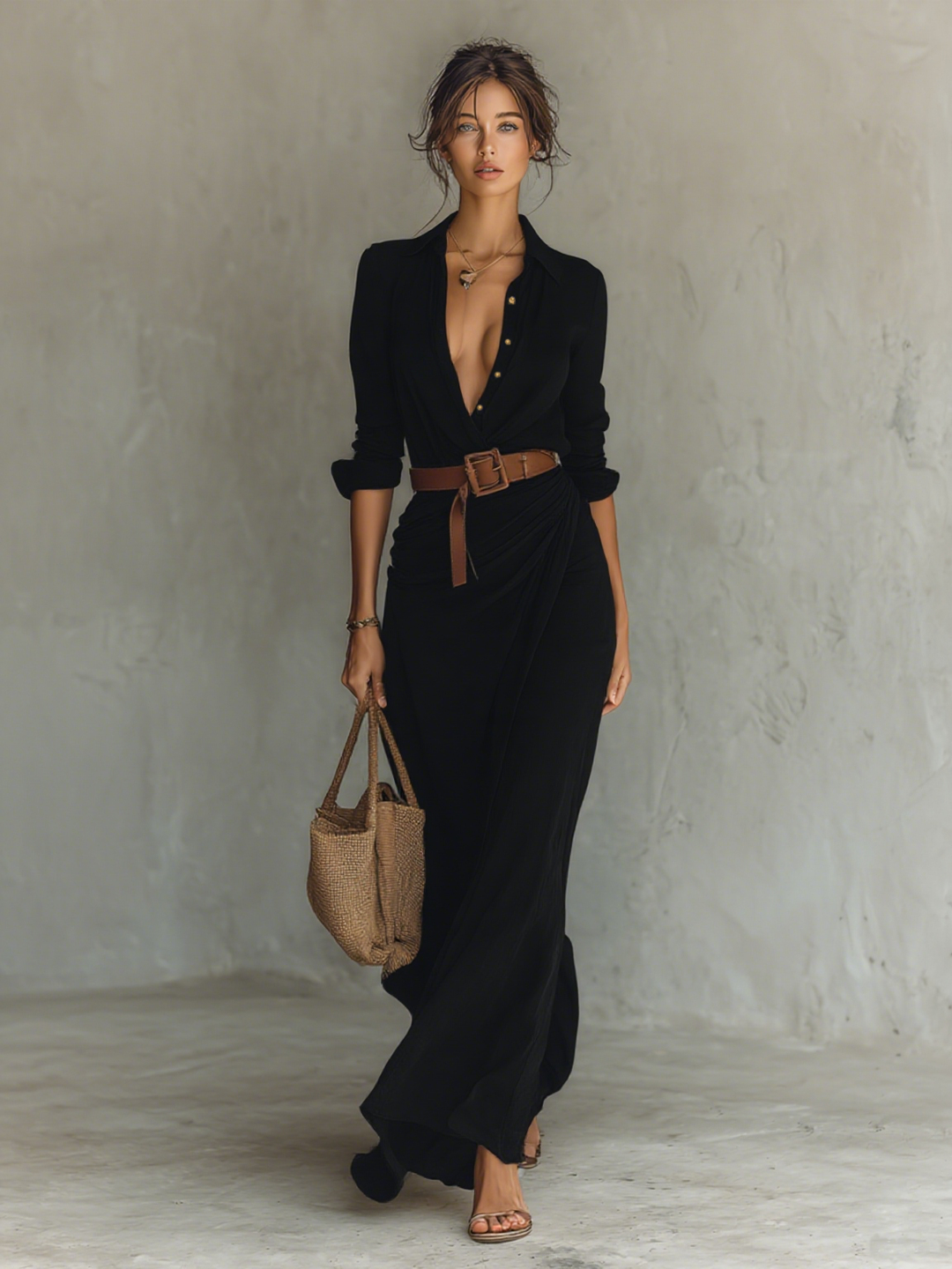 Ladies Long Sleeve Belted Maxi Dress