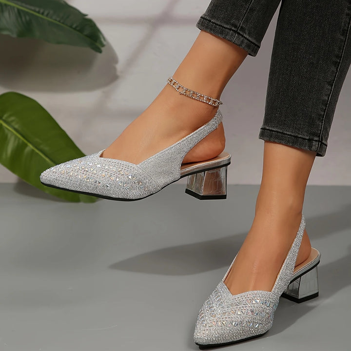Elegant Rhinestone Slip On Heel Sandals