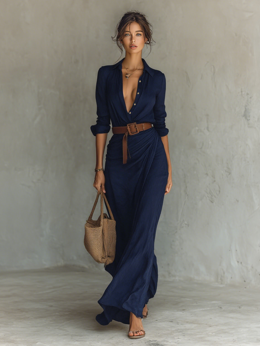 Ladies Long Sleeve Belted Maxi Dress