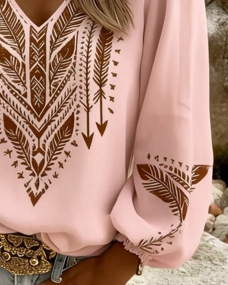 Isabelle - Bohemian Printed Blouse with V-Neck and Puff Sleeves