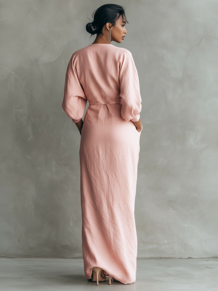Minimalist V-neck Linen Blend Maxi Dress