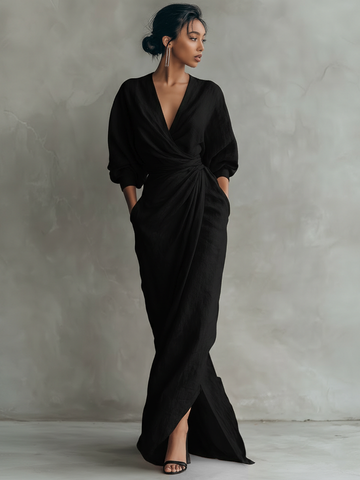 Minimalist V-neck Linen Blend Maxi Dress