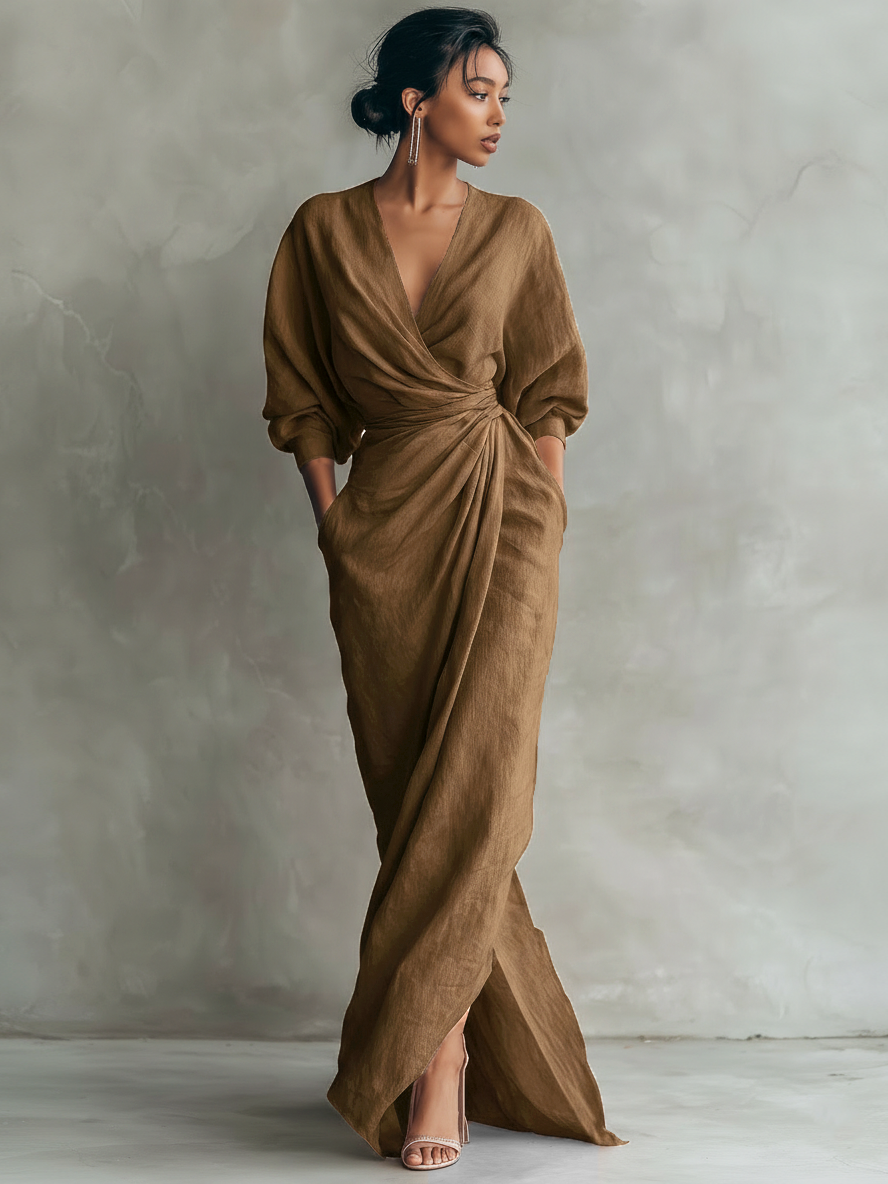Minimalist V-neck Linen Blend Maxi Dress