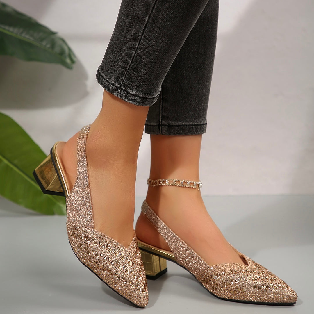 Elegant Rhinestone Slip On Heel Sandals