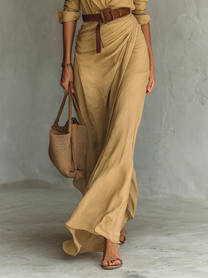 Ladies Long Sleeve Belted Maxi Dress