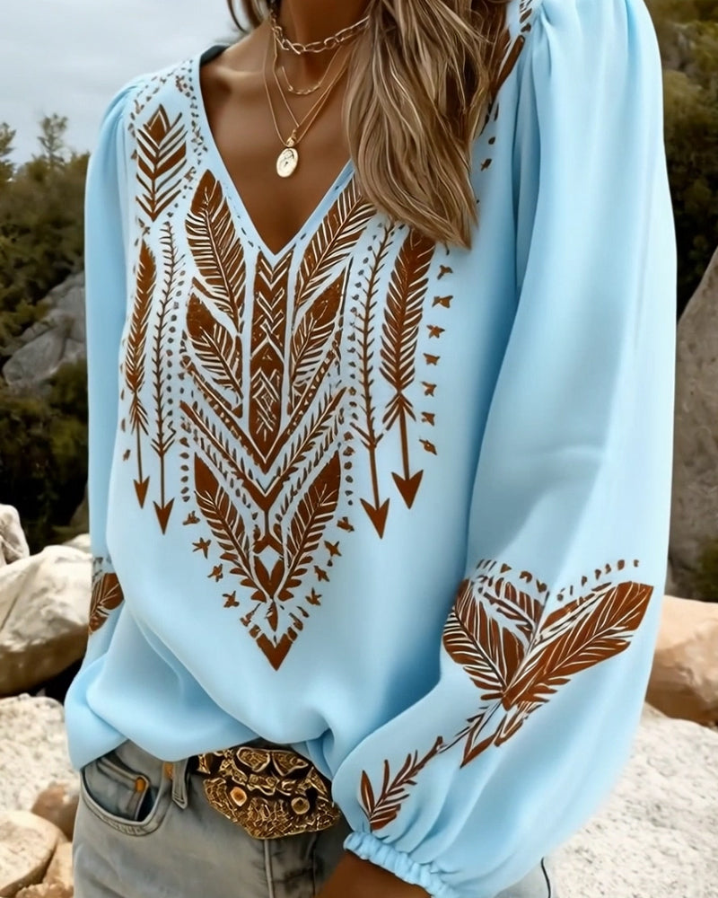 Isabelle - Bohemian Printed Blouse with V-Neck and Puff Sleeves