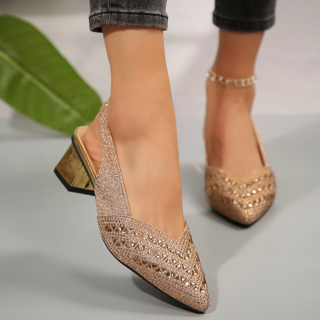 Elegant Rhinestone Slip On Heel Sandals
