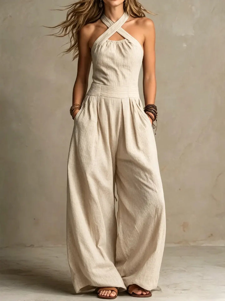 Fiorenzae - Women's Jumpsuit with Crossed Collar and Elegant Wide Legs
